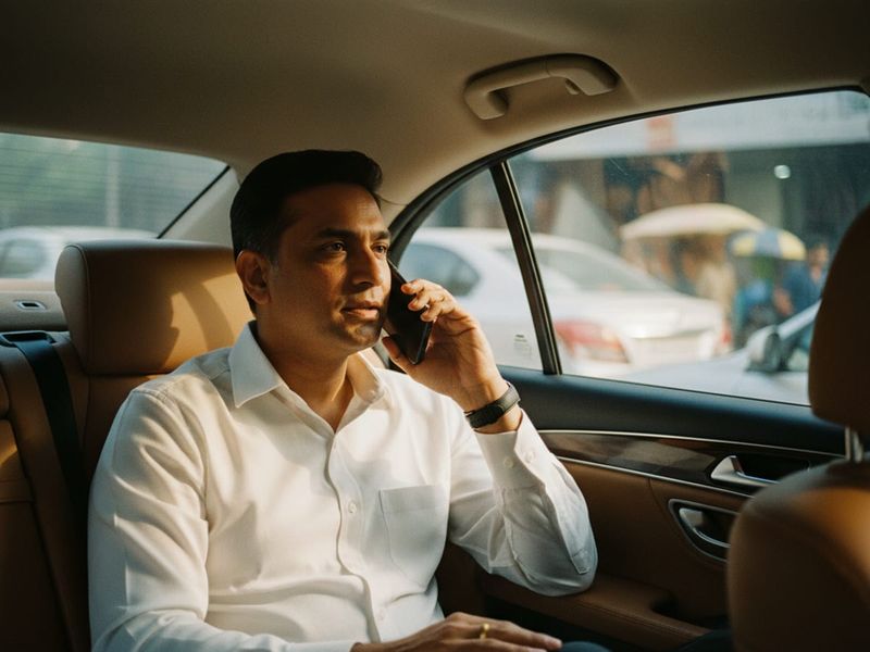 A man in the back seat of a car talking on his phone